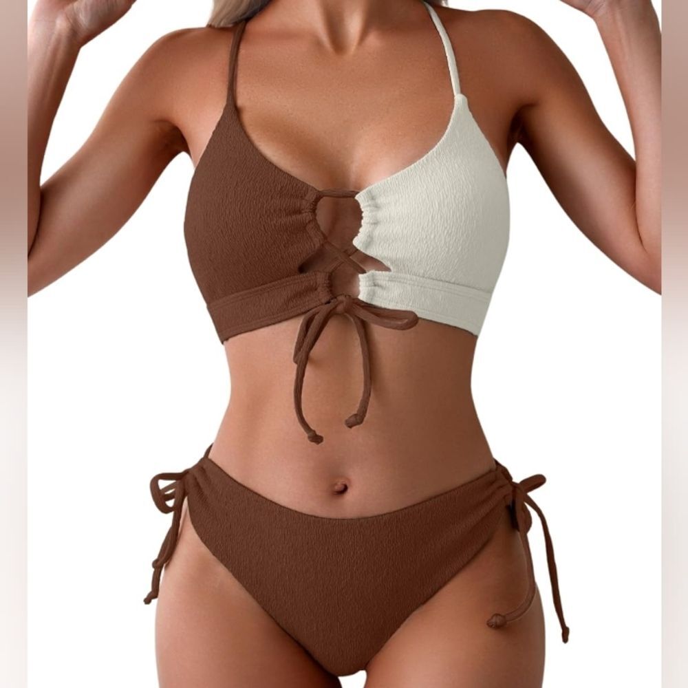 B2Prity Color Block String Bikini Brown and Cream Size Medium